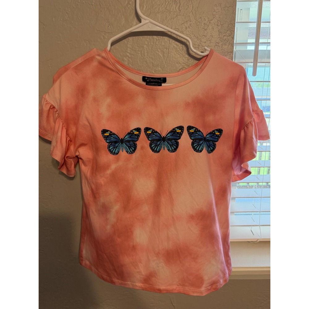 Xtraordinary Girls Pink Tie Dye Butterfly Ruffle Sleeve Top Size XL 14/16